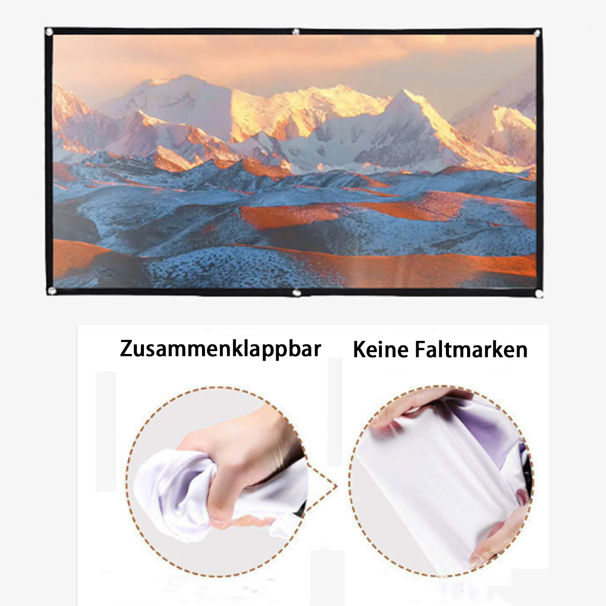 Eine weiße Leinwand, die von Händen zerknittert und gedehnt wird, mit Bergkulisse.