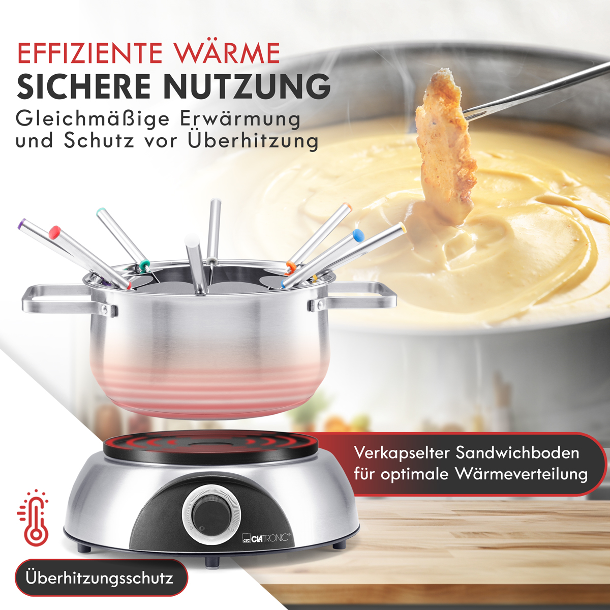 Garnek do fondue z widelcami, umieszczony na palniku elektrycznym, z tekstem.