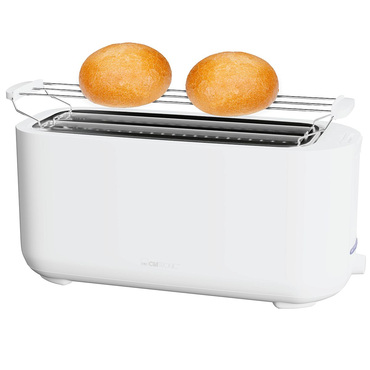 Weißer Toaster mit zwei getoasteten Brötchen oben.