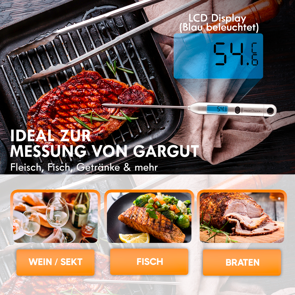 Cyfrowy termometr do żywności, z przykładami steków i innych potraw.