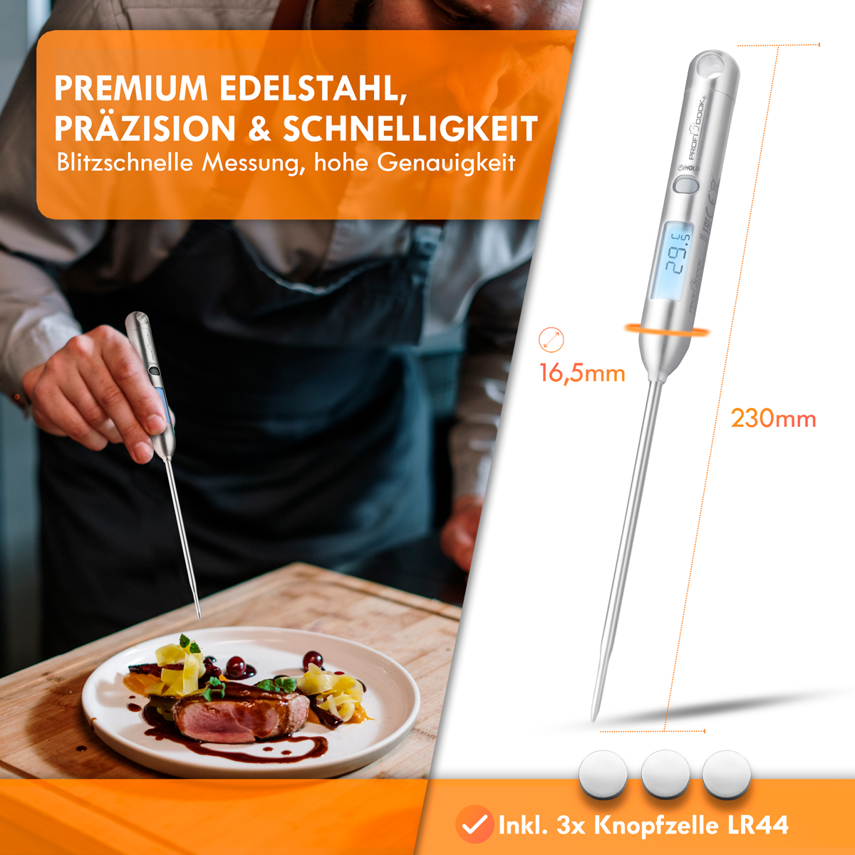 Termometr do żywności z talerzem jedzenia i pomiarem 29,5°C.