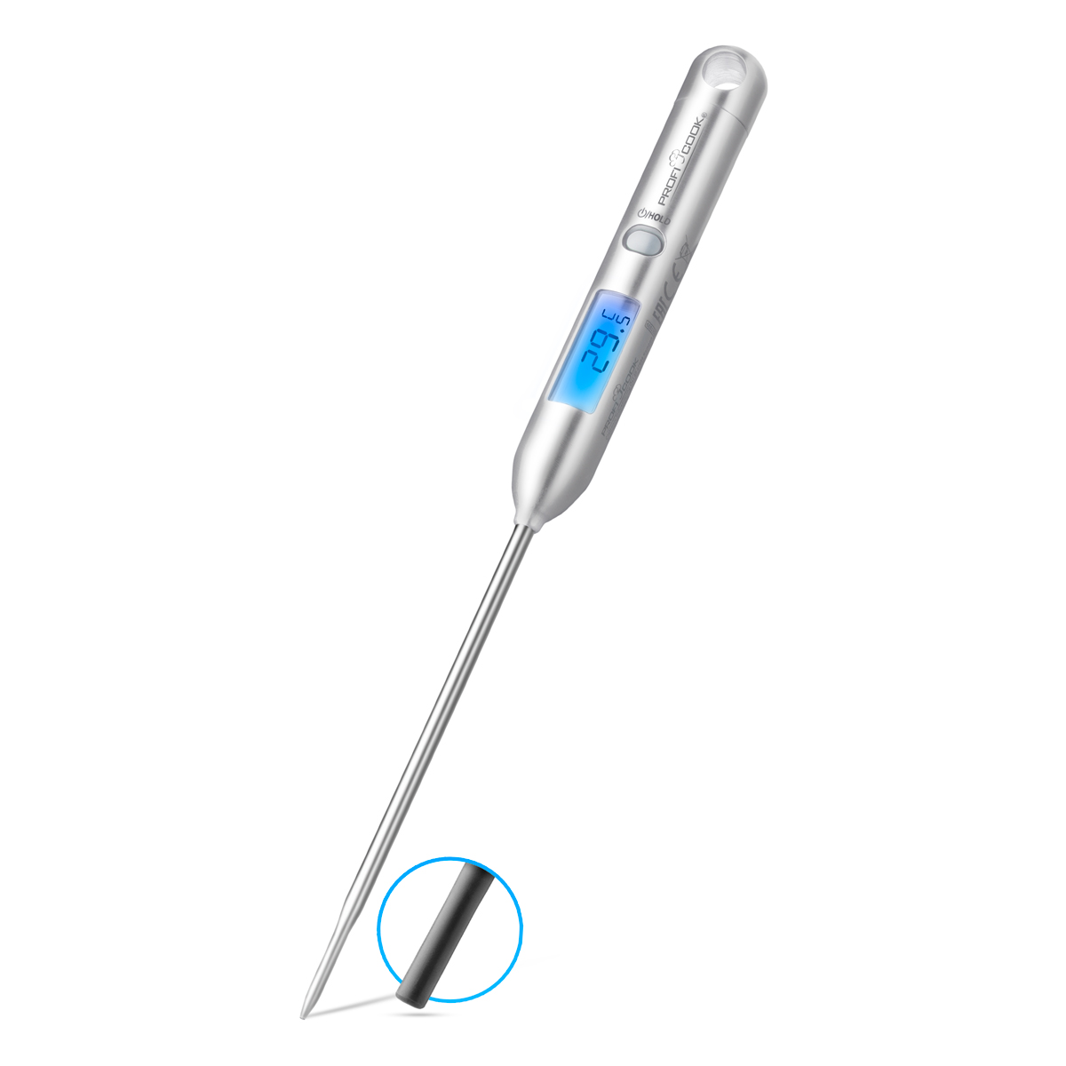 Srebrny cyfrowy termometr do żywności pokazujący 29,5 stopnia.