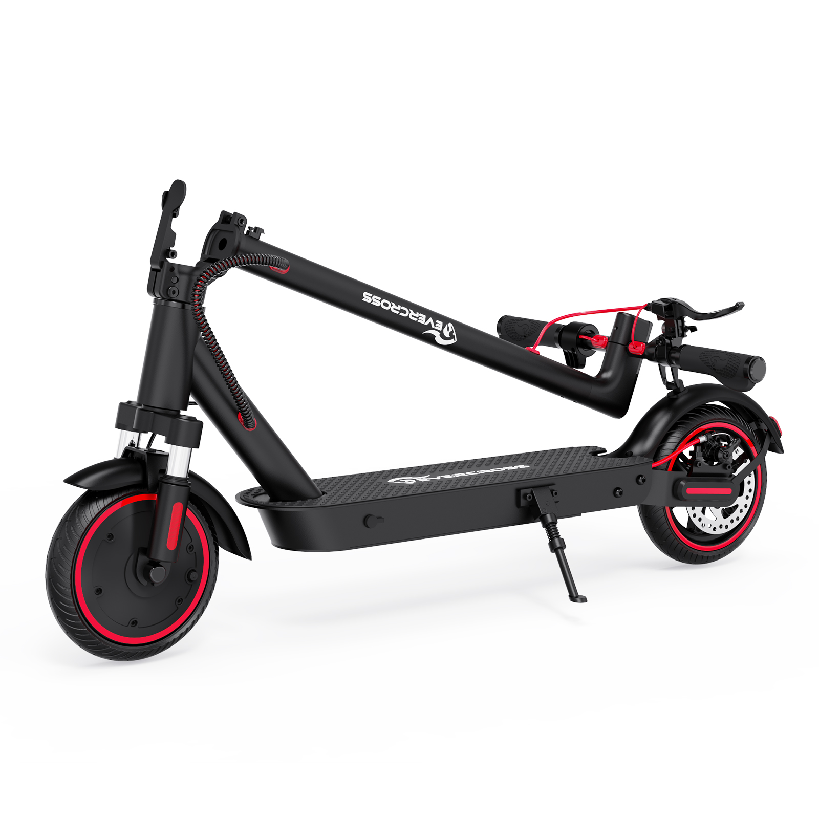 Un monopattino elettrico nero con accenti rossi su ruote e manubrio.