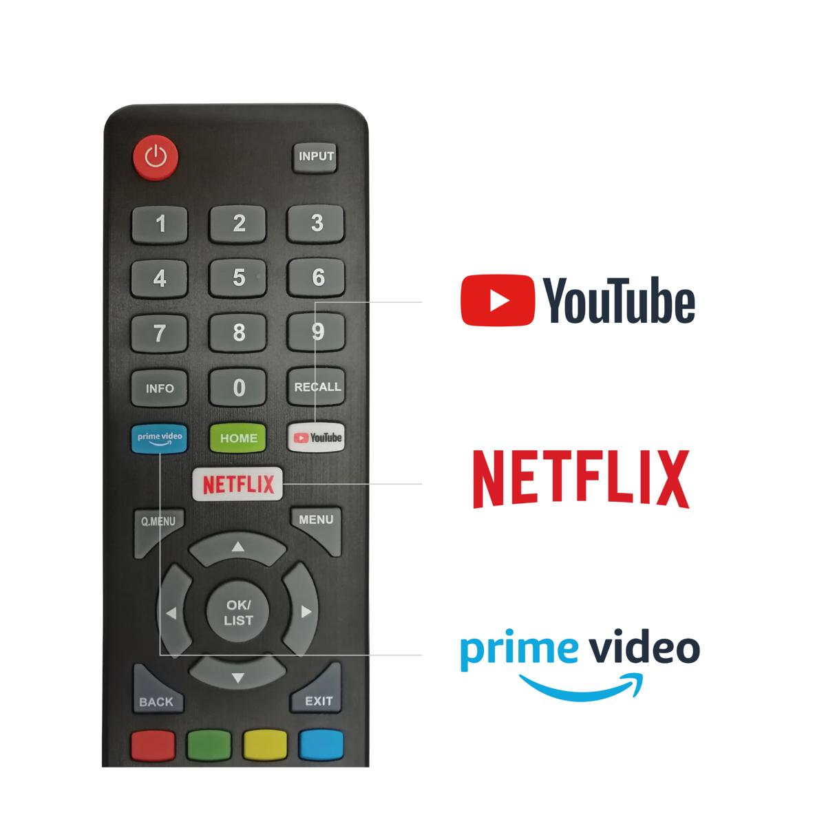 TV-Fernbedienung mit hervorgehobenen Logos von Netflix, YouTube und Prime Video Apps.