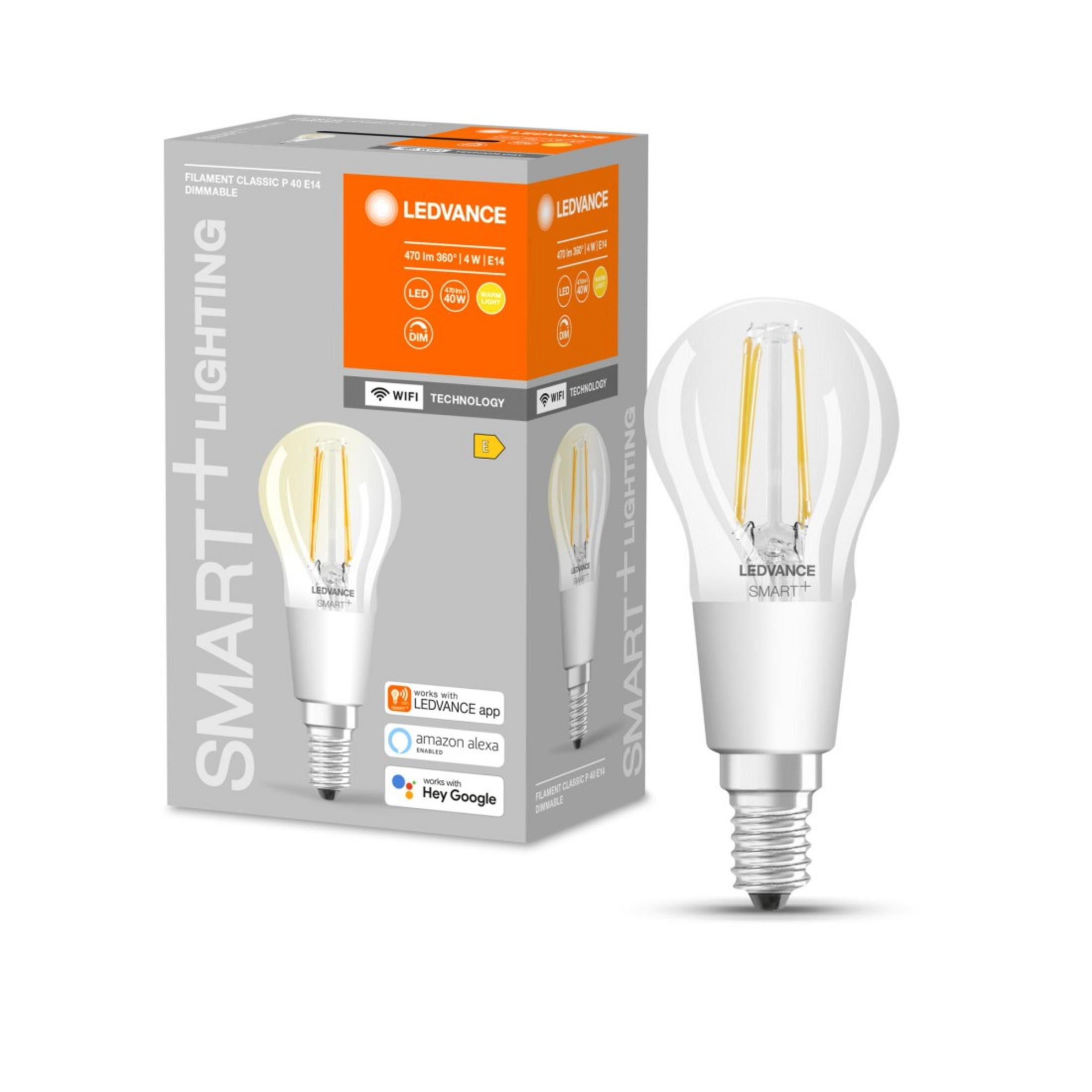 Lampadina intelligente LEDVANCE e confezione. Scatola con immagine della lampadina, la lampadina ha un filamento giallo.