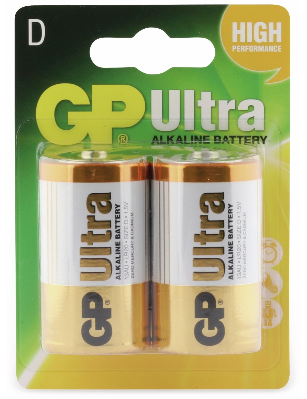 Zwei gold-gelbe GP Ultra Alkaline Batterien in einer grün-gelben Blisterverpackung. Die Packung hat Text.