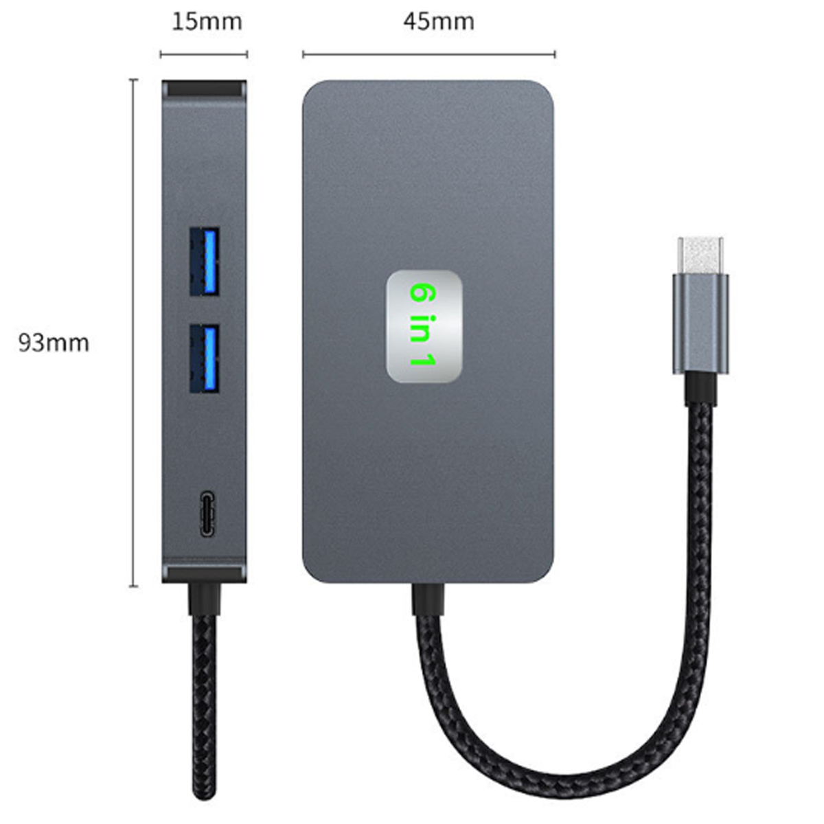 Schwarzer und grauer USB-C-Hub, mit Abmessungen und Text, der seine Funktionen kennzeichnet.
