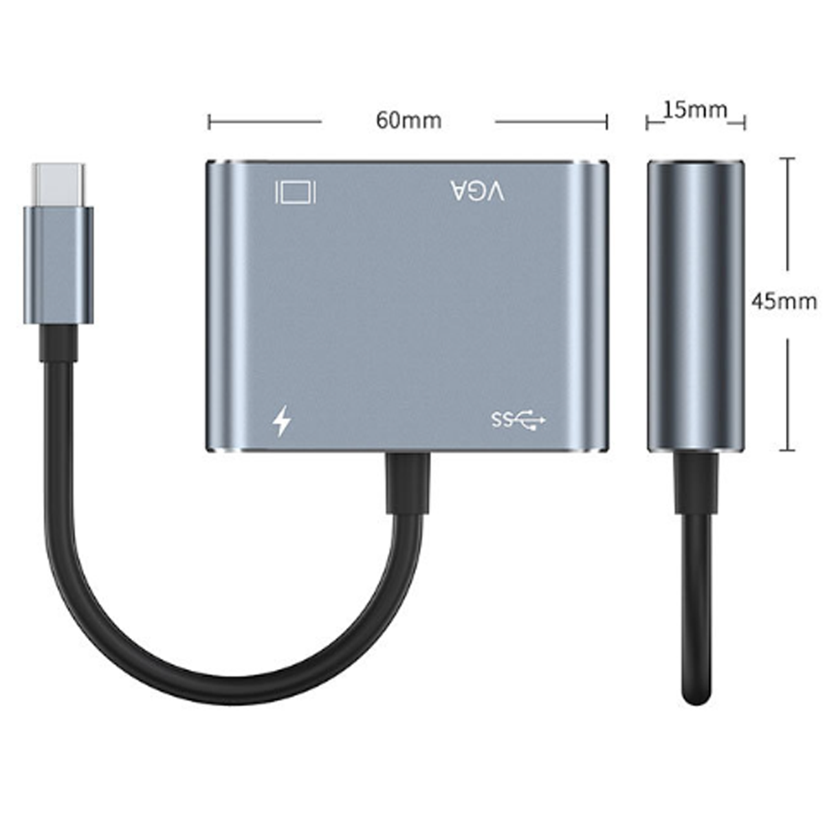 Ein grauer USB-C-auf-VGA-Adapter mit einem 60-mm-Hauptkörper und einem 45-mm-Seitenadapter. Schwarze Kabel verbinden die Teile.