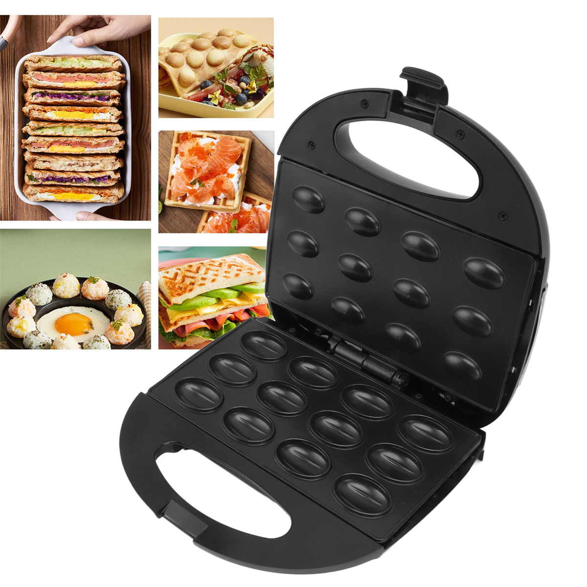 Schwarzer Waffeleisen mit verschiedenen Waffeln. Waffeln umfassen Sandwiches, Mini-Pfannkuchenbällchen und Waffeln.