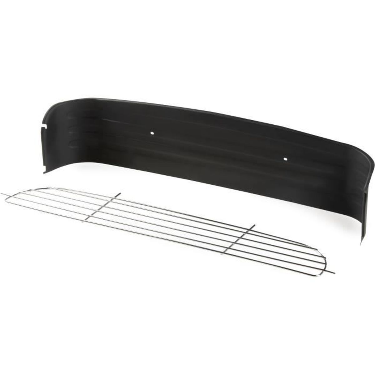 Schwarze Stoßstange und ein Metallgrill auf weißer Oberfläche. Beide sind freigestellt.