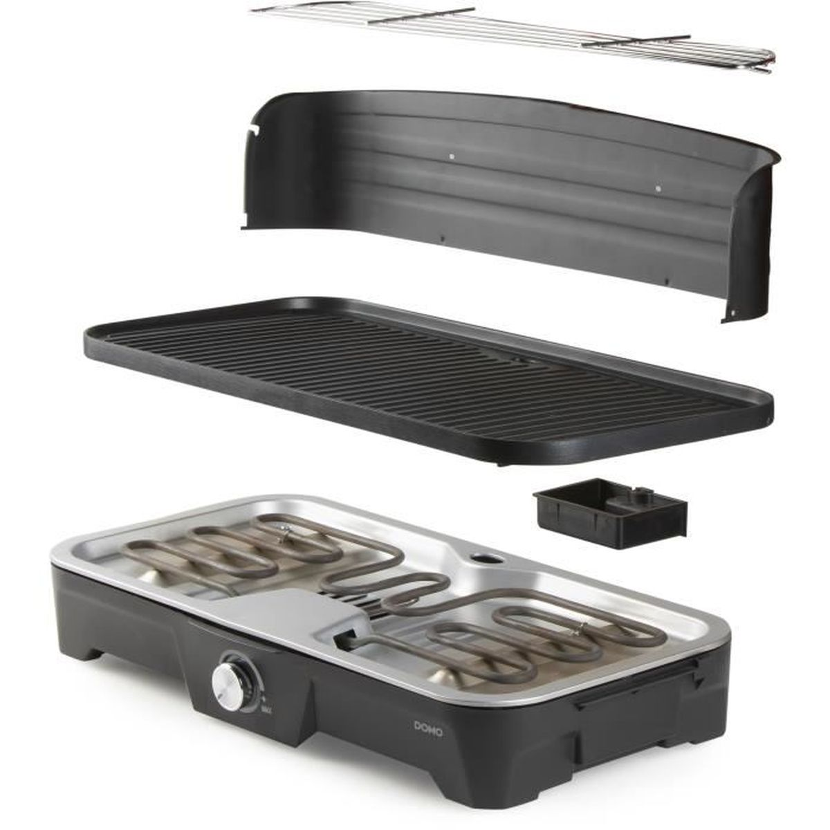 Zerlegter Elektrogrill mit seinen Teilen.