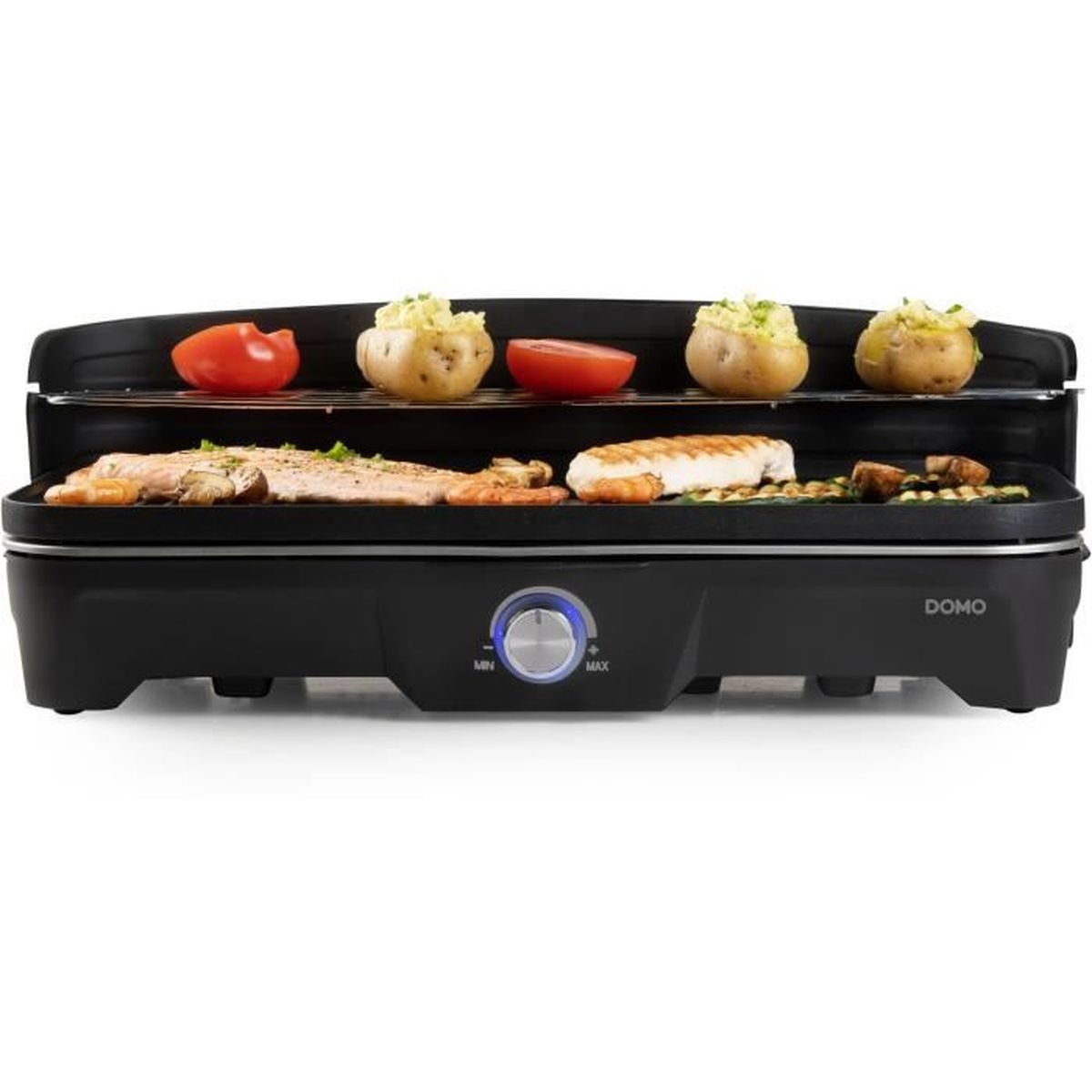 Schwarzer Elektrogrill mit Essen darauf: Tomaten, Kartoffeln und gekochtes Essen.