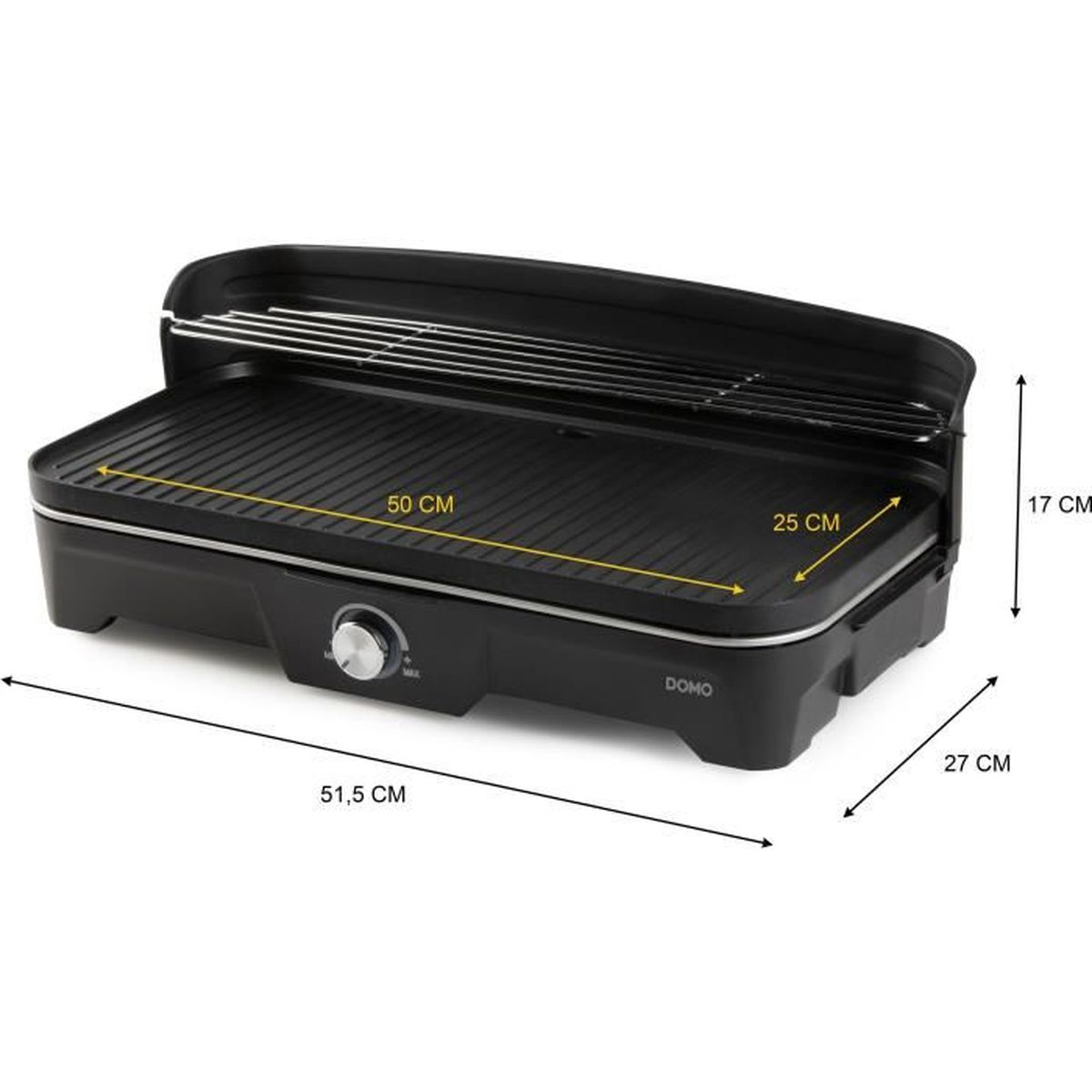 Schwarzer Elektrogrill mit beschrifteten Abmessungen. Verfügt über einen Bedienknopf und ein Rost.