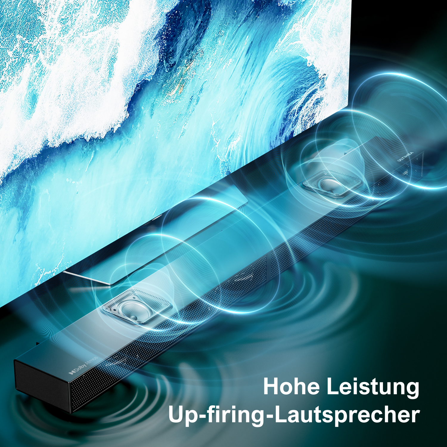 Eine Soundbar neben einem Fernsehbildschirm, die Schallwellen zeigt, die von den Lautsprechern ausgehen.