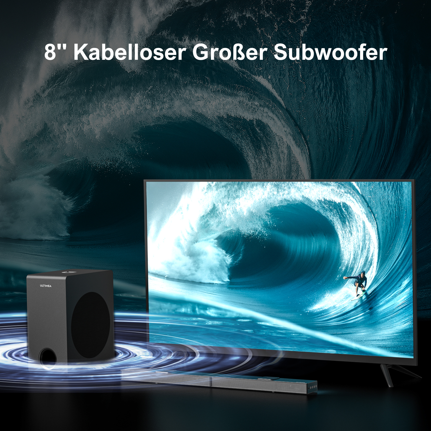 Schwarzer Subwoofer, Fernseher und Soundbar vor dem Hintergrund einer großen Welle.