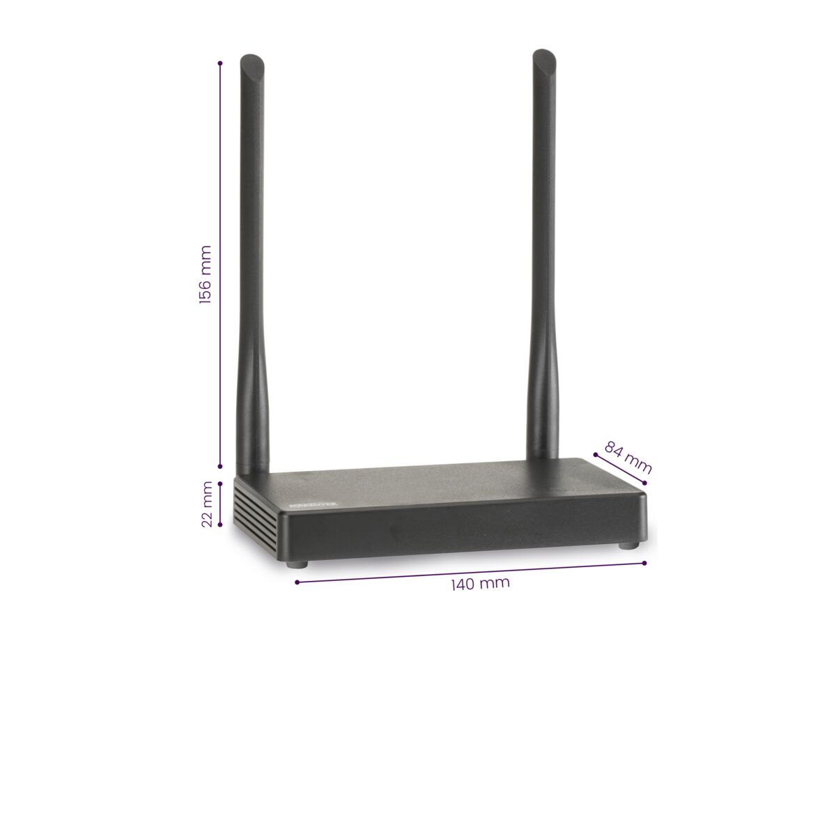 Schwarzer Router mit zwei Antennen und Abmessungen: 140 mm lang, 22 mm hoch, 156 mm Antennenhöhe.
