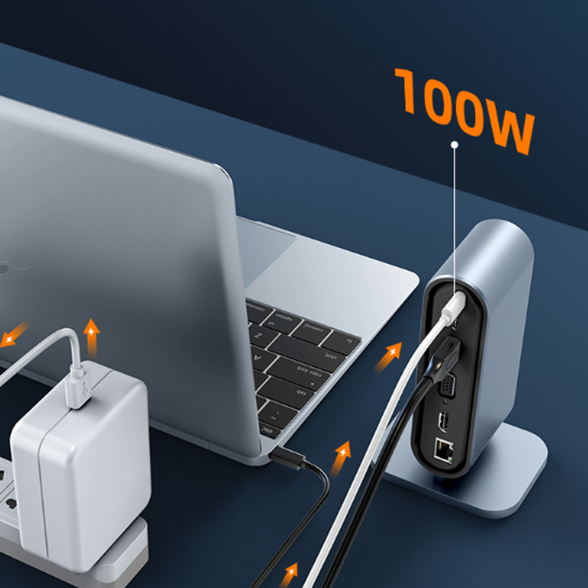 Ein Laptop, der an eine Dockingstation und einen Netzadapter angeschlossen ist. Mehrere Kabel und der Text '100W' sind zu sehen.