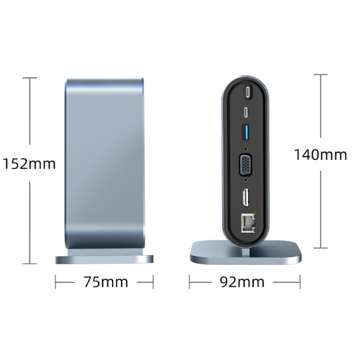 Zwei silberne USB-C-Hubs. Eine Seitenansicht mit Abmessungen, die andere mit Anschlüssen wie USB, VGA und Ethernet.