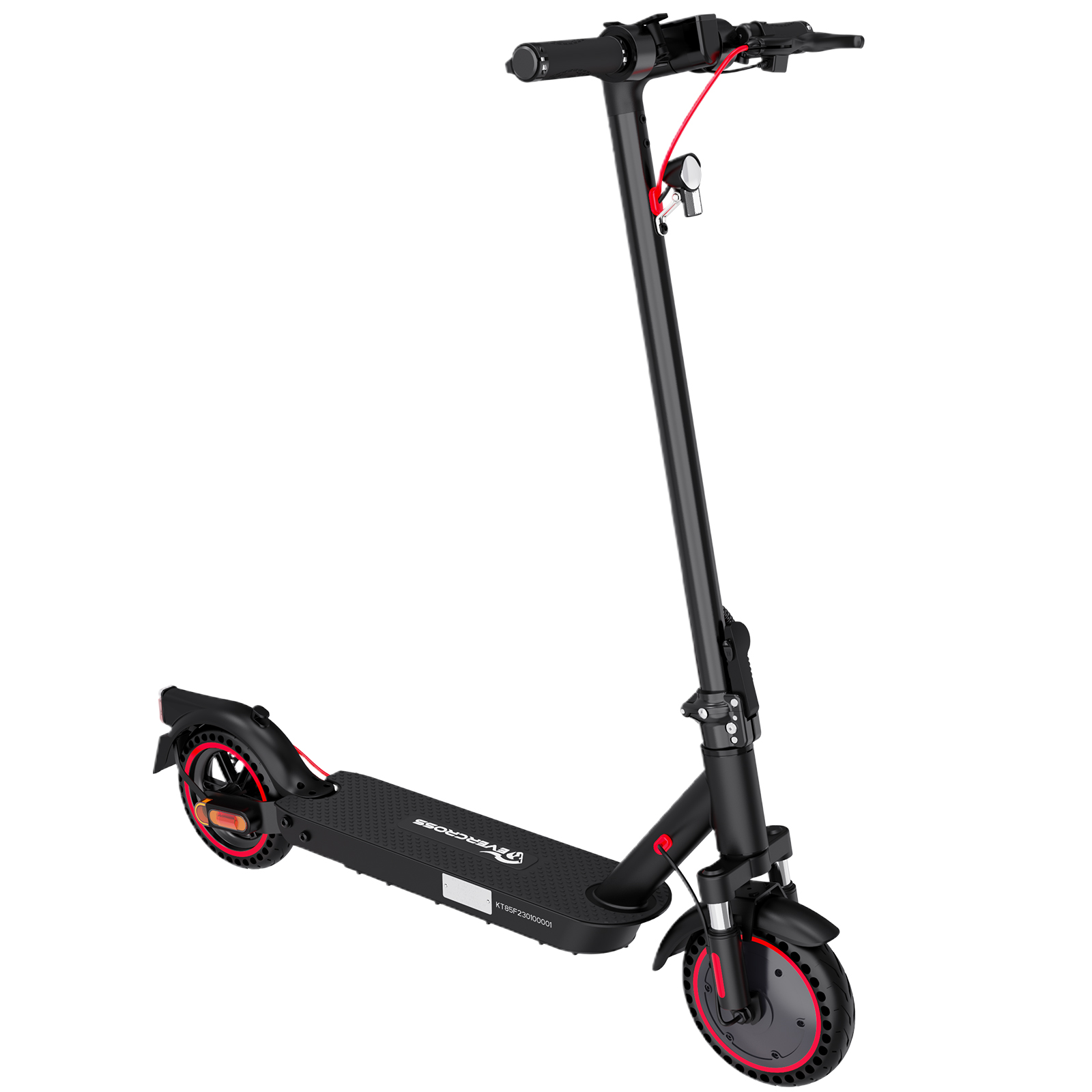 Scooter eléctrico negro con detalles rojos, sobre fondo blanco. El scooter está plegado.