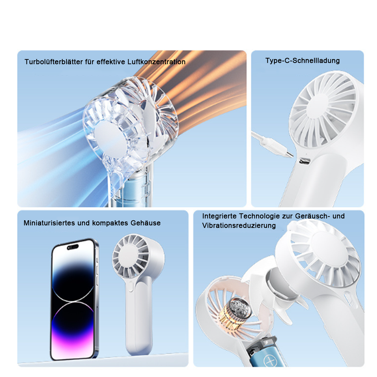 Ventilator mit mehreren Ansichten. Text beinhaltet "Turboblätter", "Typ-C-Schnellladung" und mehr.