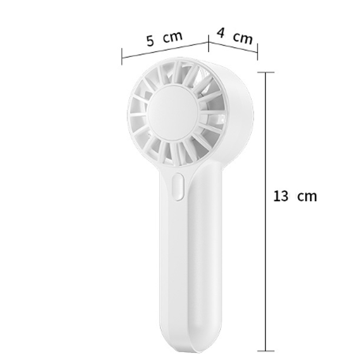 Weißer Handventilator mit Maßangaben auf weißem Hintergrund.