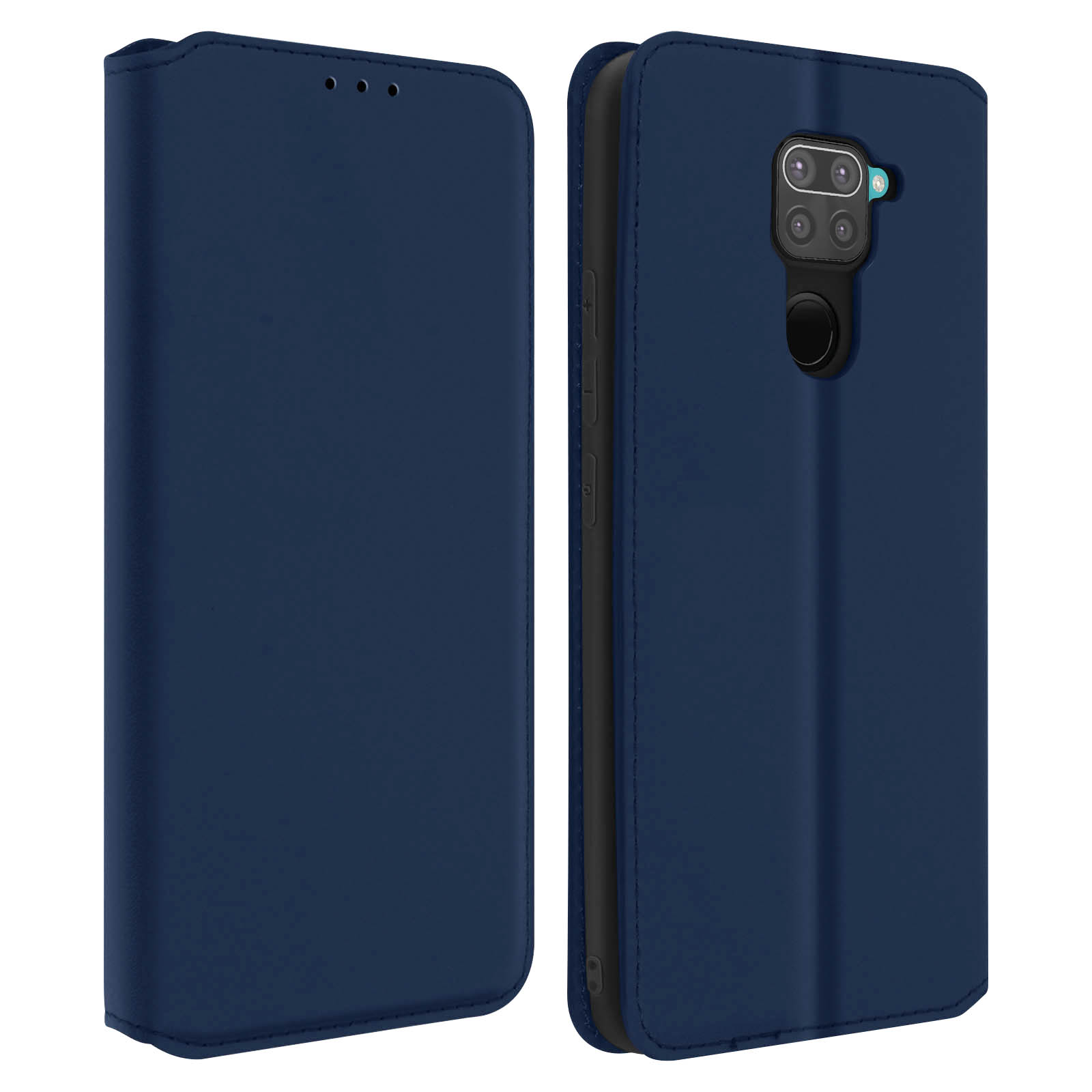 Étui de téléphone bleu foncé ouvert, montrant le téléphone. C'est sur fond blanc.