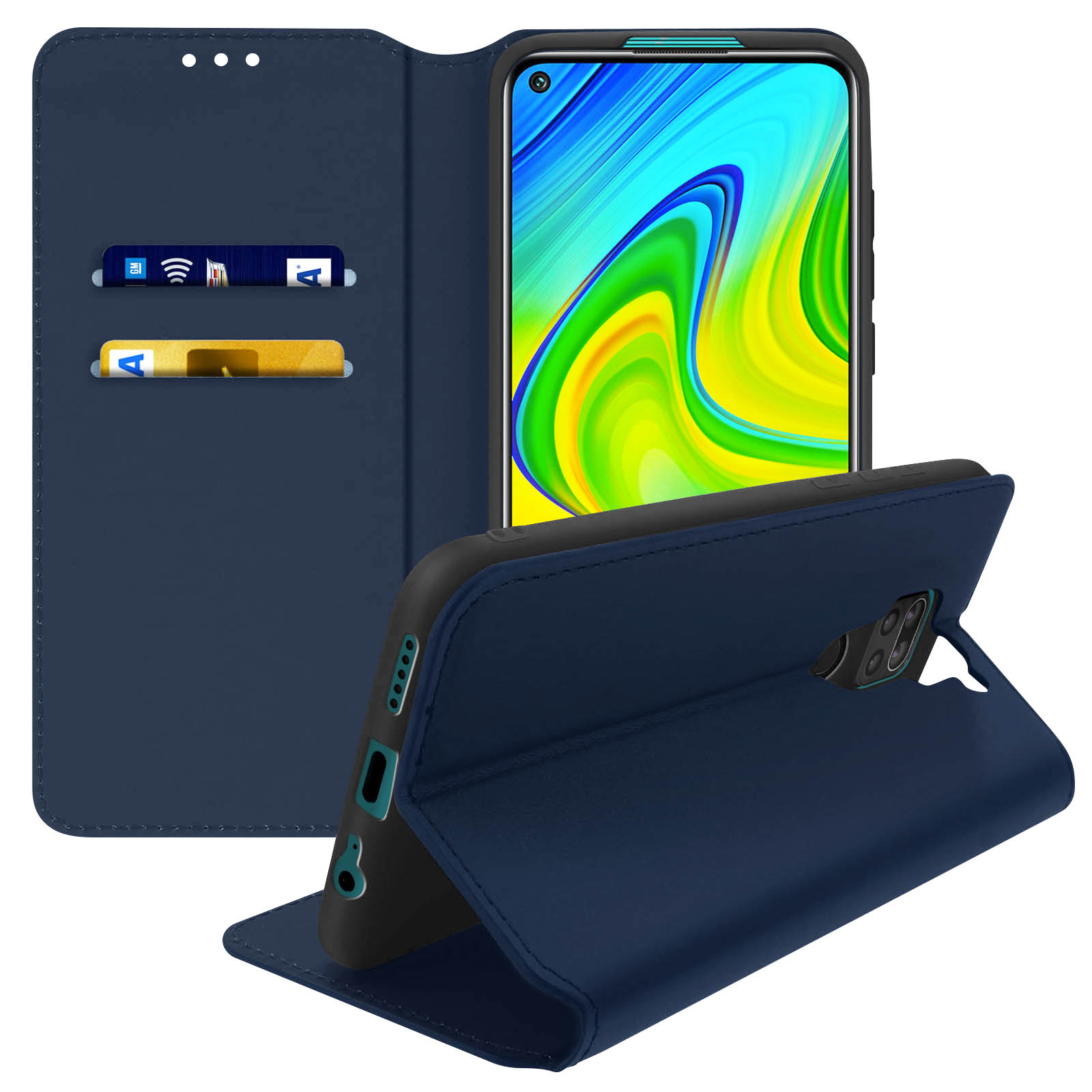 Étui de téléphone bleu ouvert. À l'intérieur, un téléphone avec écran coloré. Cartes visibles.