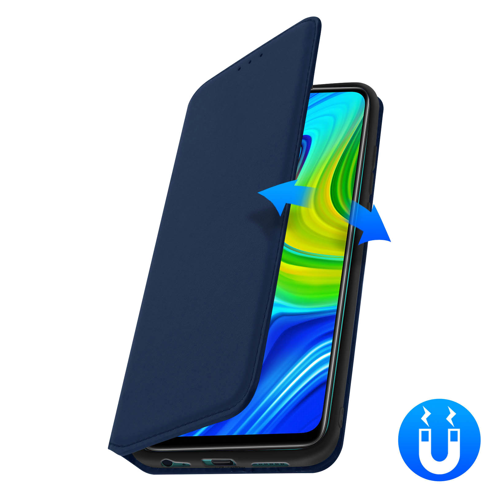 Un étui de téléphone bleu avec un téléphone à l'intérieur, partiellement ouvert, avec un symbole d'aimant.