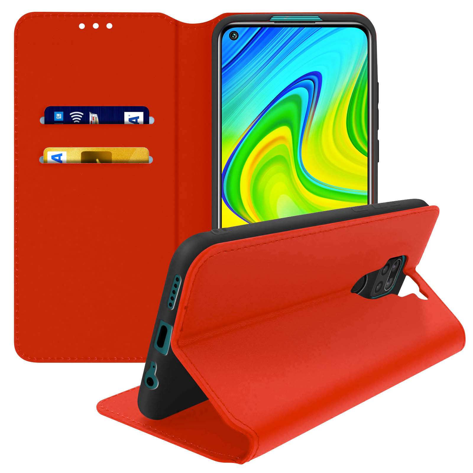 Rode telefoonhoes met open flap, onthullend telefoon. Kaarten in sleuven. Achtergrond: wit oppervlak.