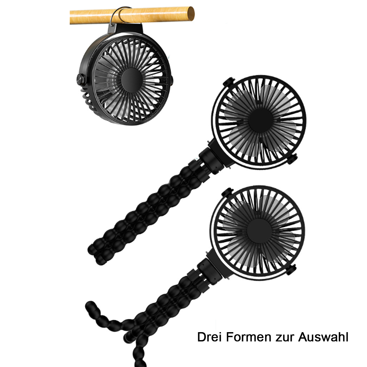Drei schwarze Ventilatoren mit flexiblen Beinen. Einer ist an einem Holzbalken befestigt.