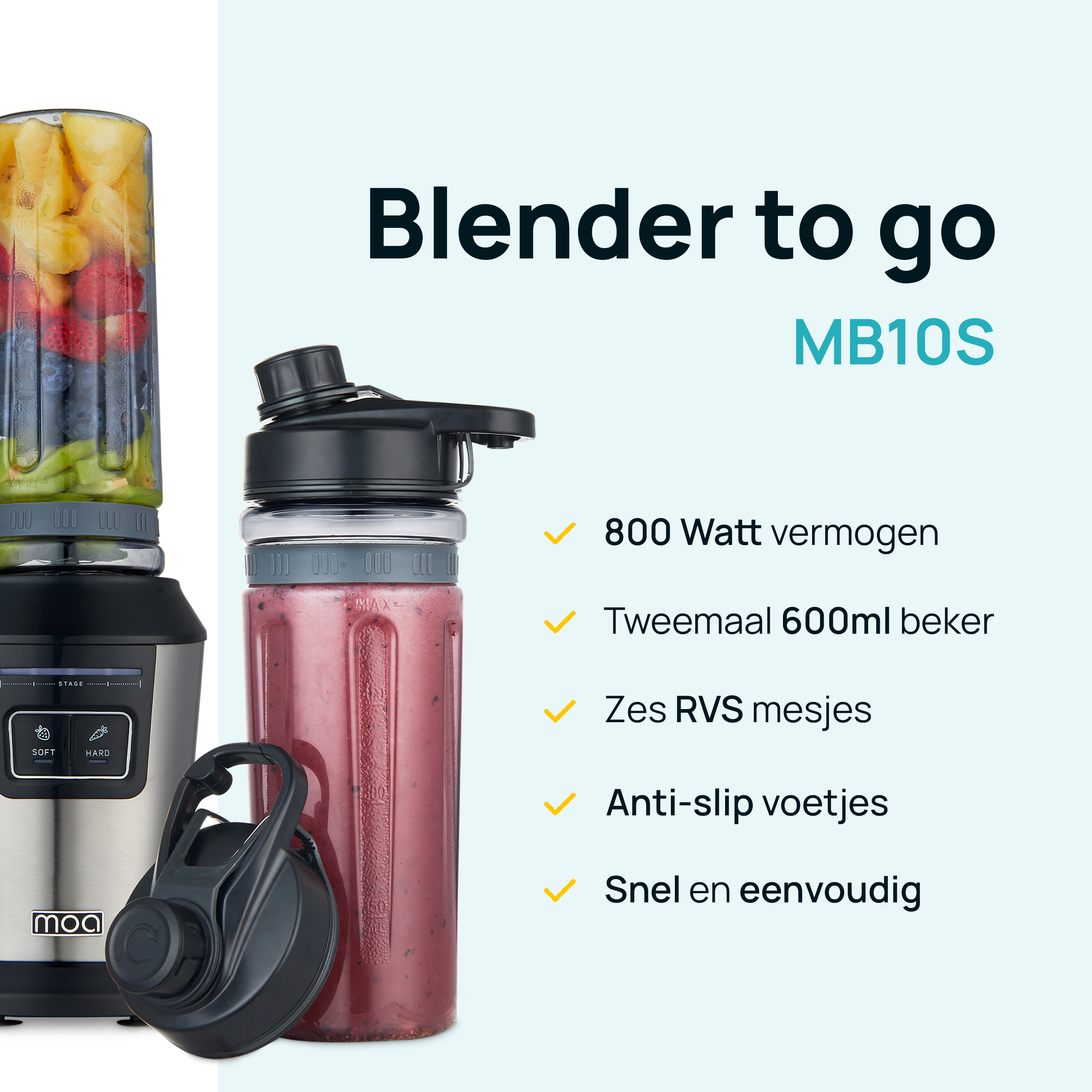 A blender with a smoothie and a black lid is next to a blender base. Text: Blender to go.