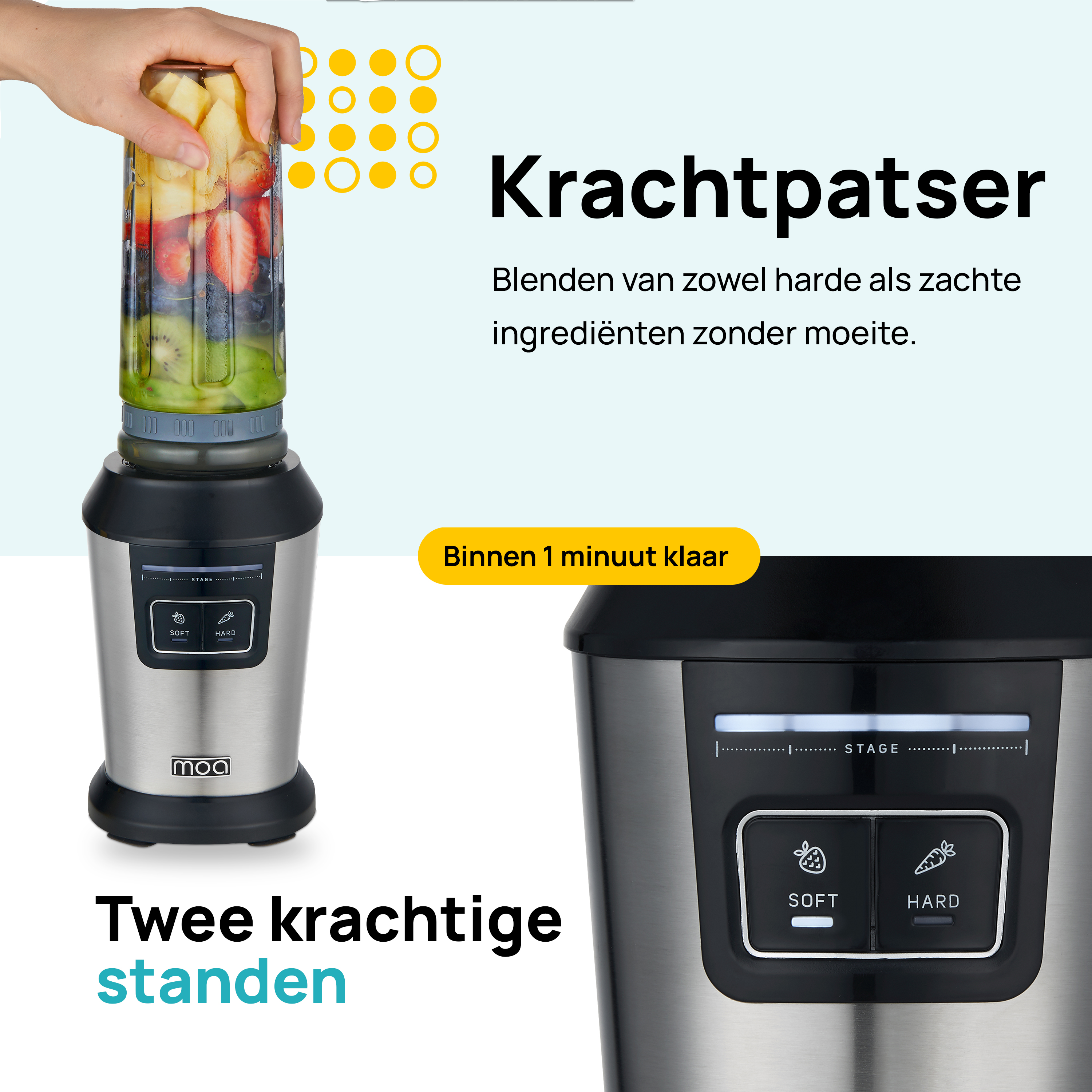 Blender with fruit, two power settings, and text in Dutch, on a white background.