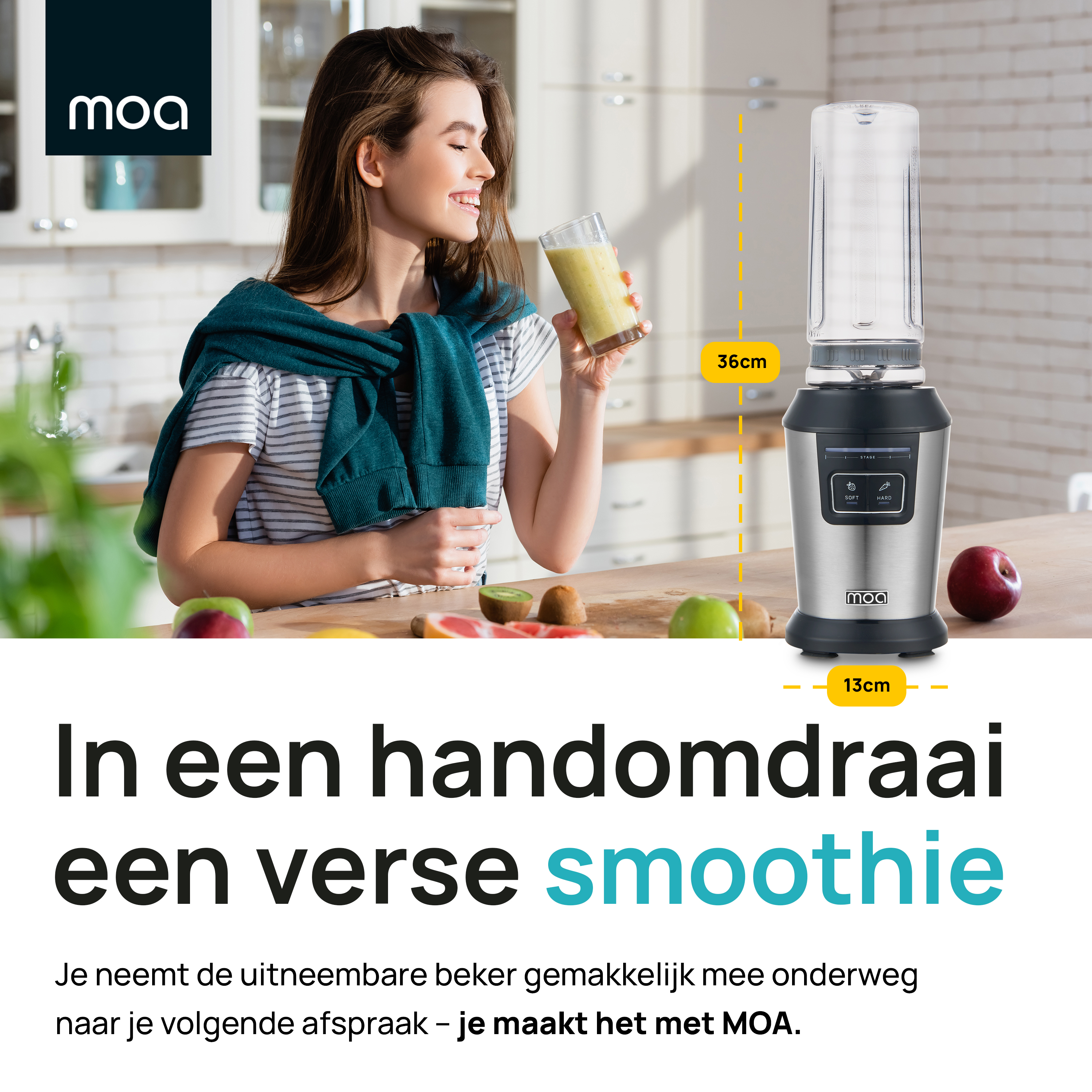 Woman making a smoothie with a blender. She's holding a glass, in a kitchen setting.