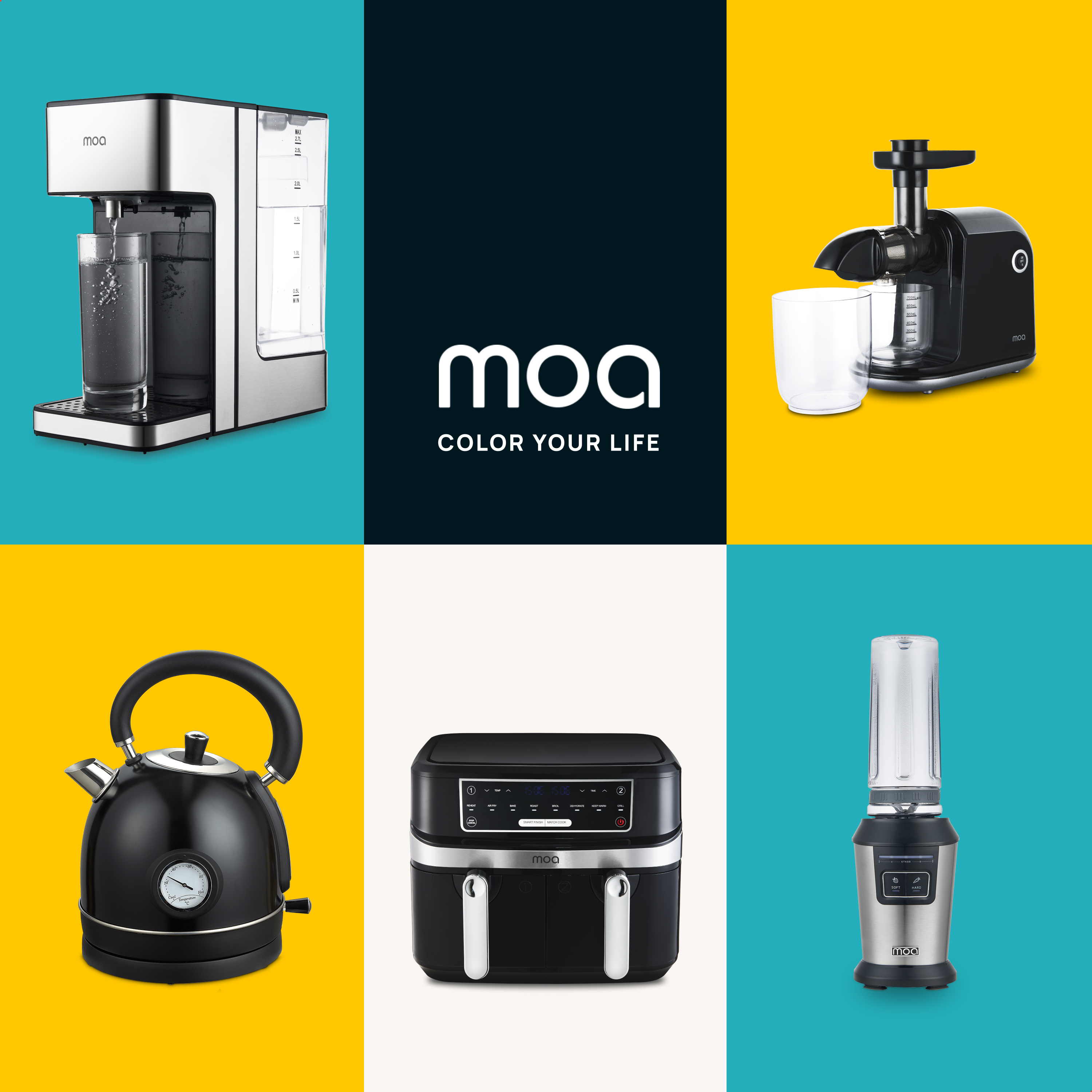 A collage of moa kitchen appliances: water machine, juicer, kettle, airfryer, and blender.