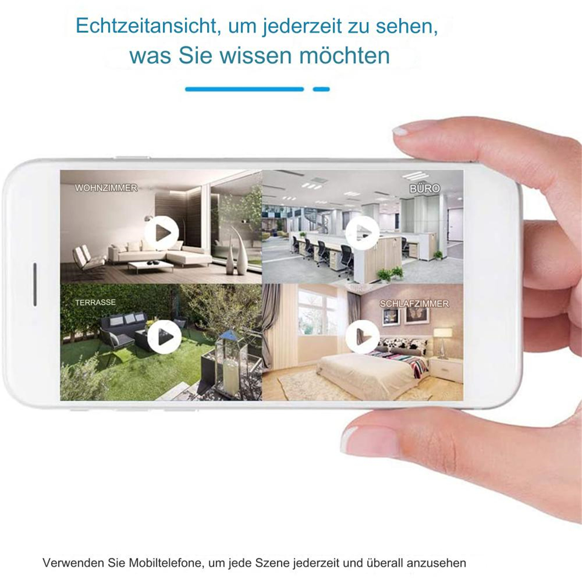 Smartphone, der eine geteilte Bildschirmansicht verschiedener Räume zeigt.