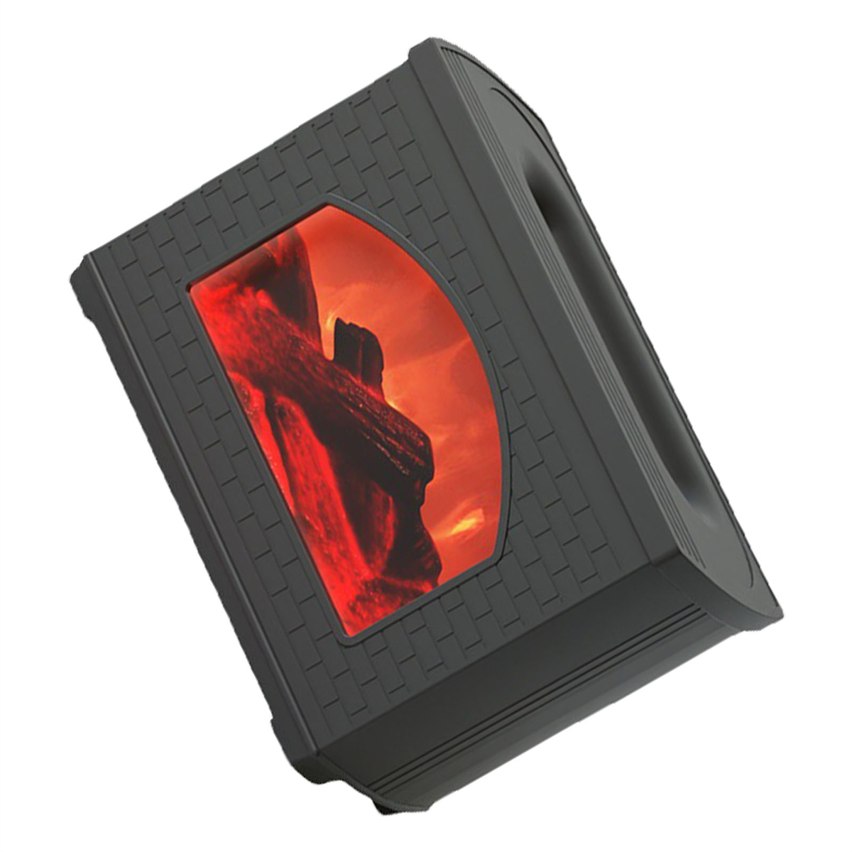 Schwarzer Kamin mit rot-orangem Glüheffekt. Ziegelähnliche Struktur auf der Vorderseite.