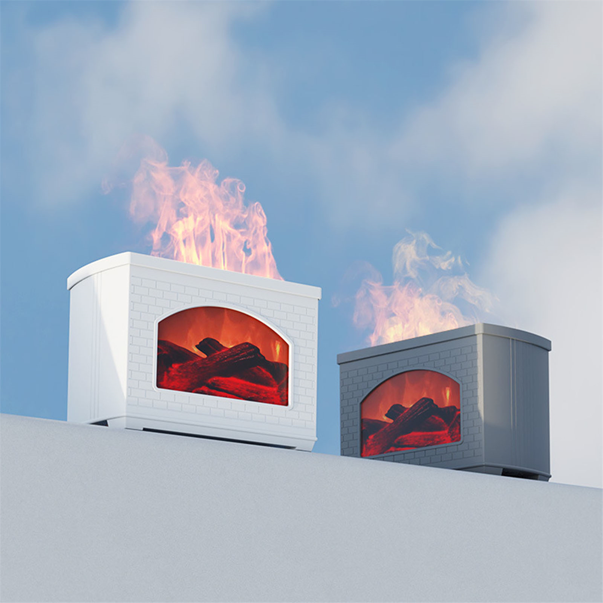 Zwei weiße kaminähnliche Strukturen mit roten Flammen im Inneren vor blauem Himmel.