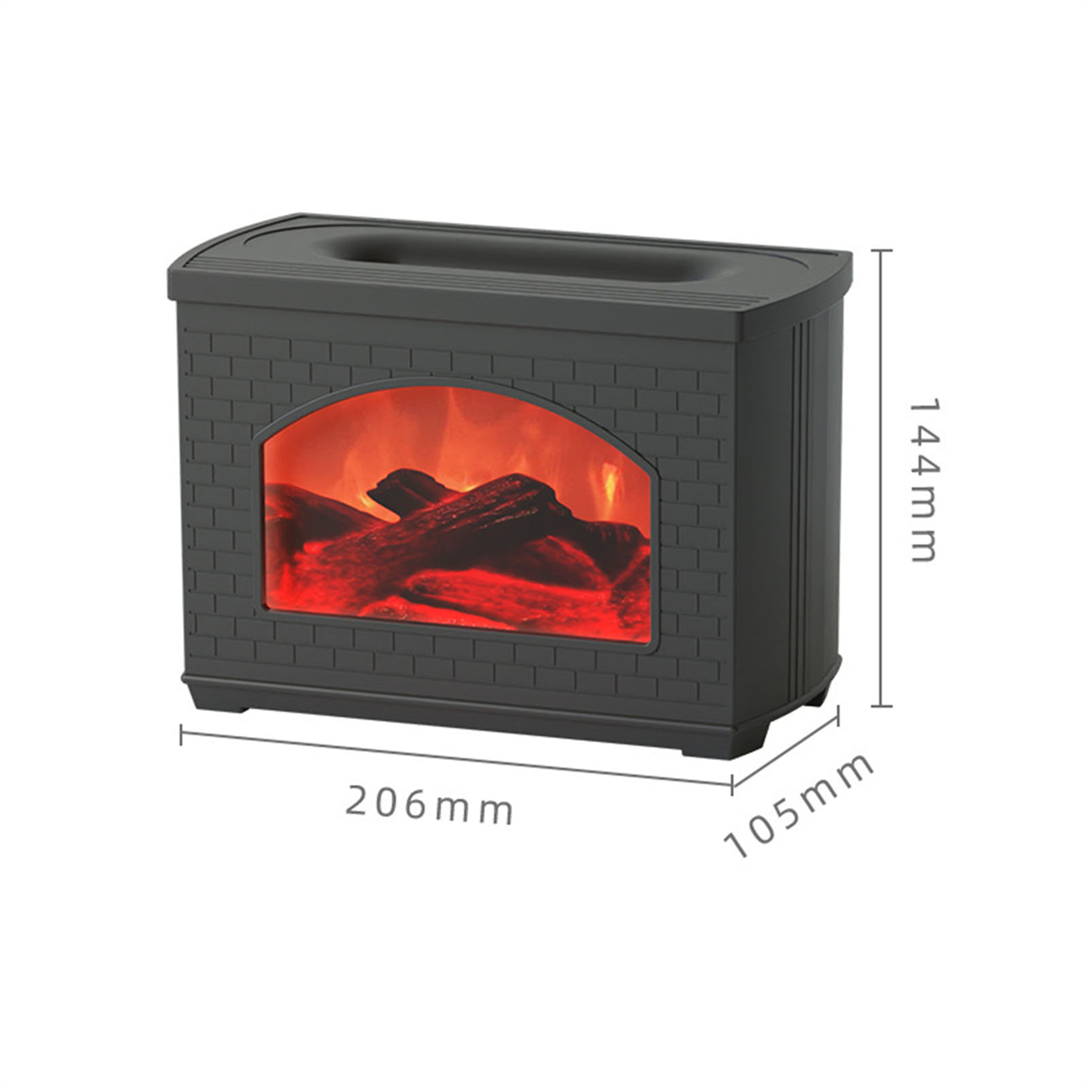 Schwarzer Elektrokamin mit Ziegelfassade und Flammen im Inneren. Abmessungen: 206x144x105mm.