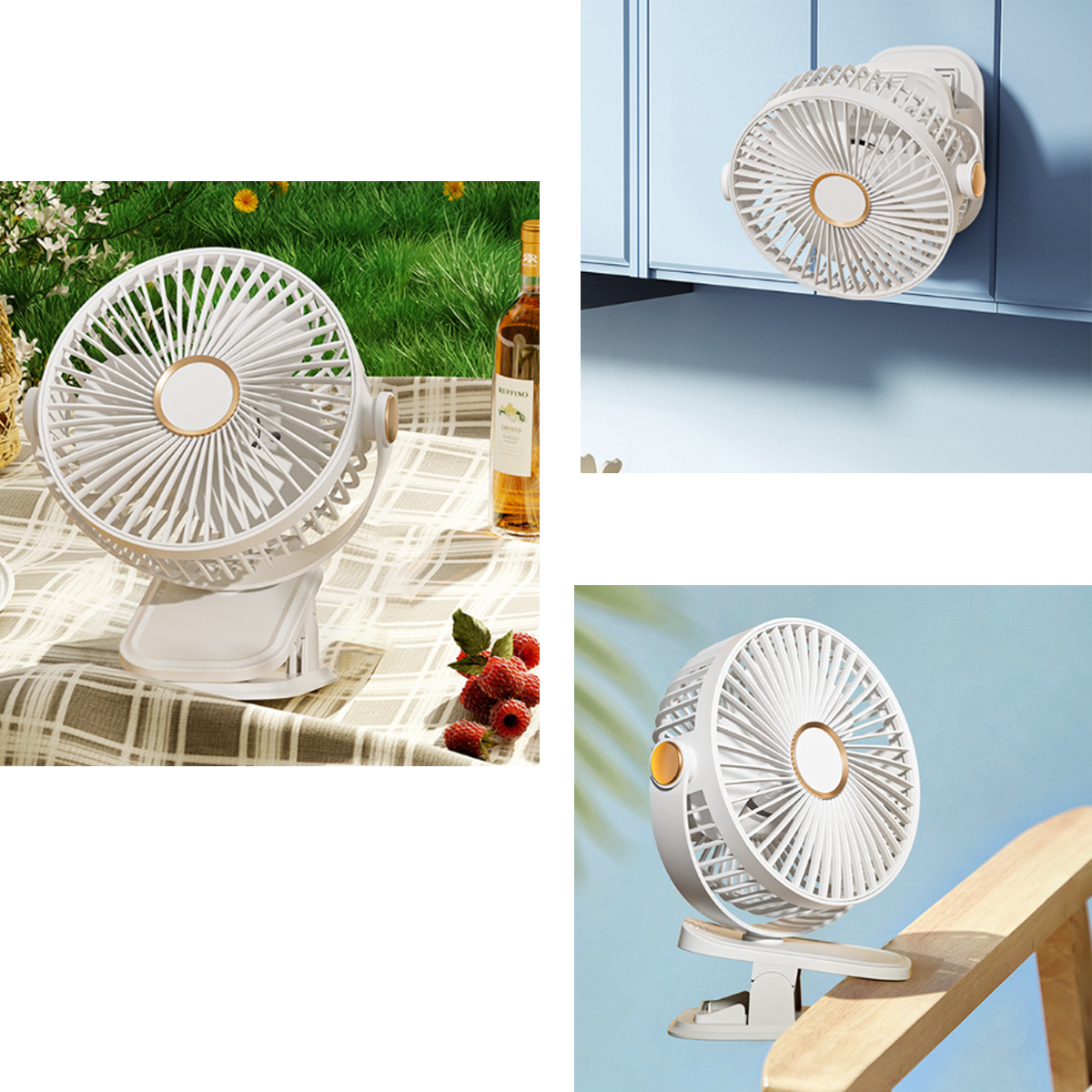 Weißer Ventilator mit Clip. Er steht auf einem Tisch und ist an einer Oberfläche befestigt.