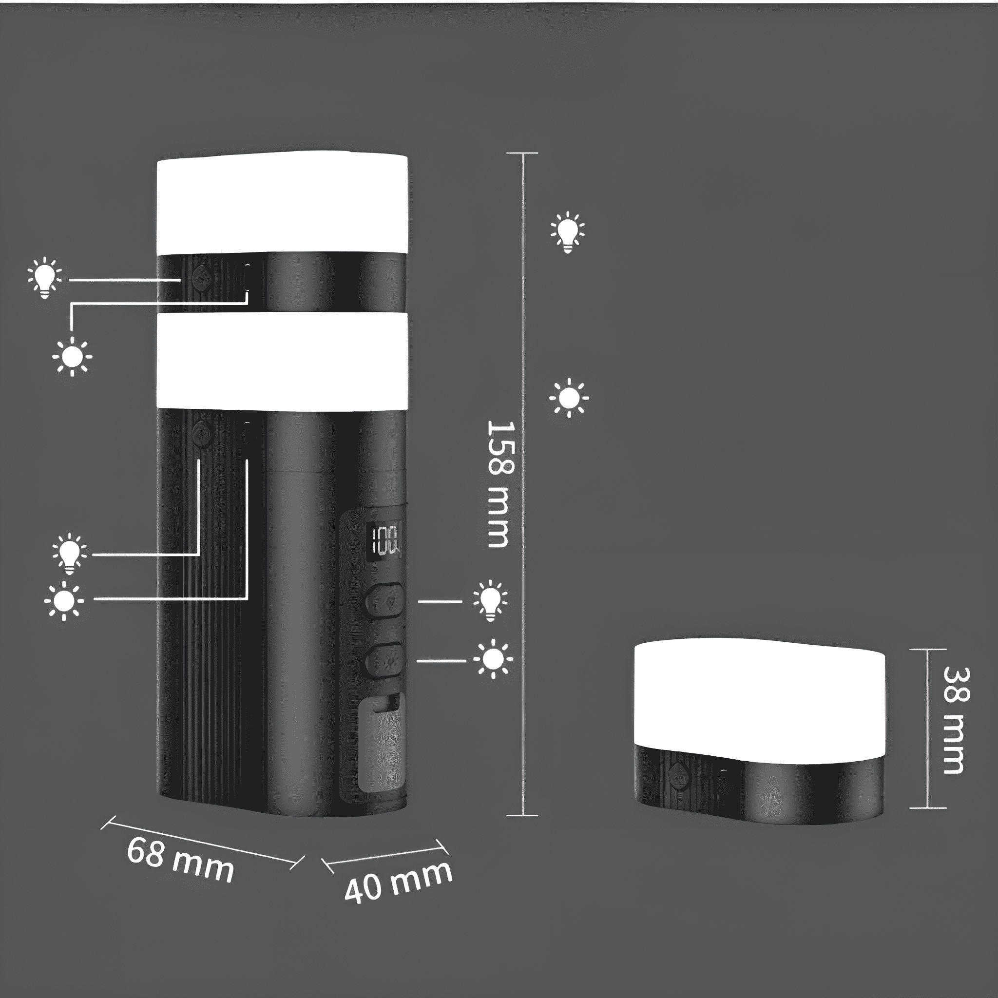 Schwarz-weißes LED-Licht. Abmessungen in mm. Enthält eine kleinere Version des Lichts.