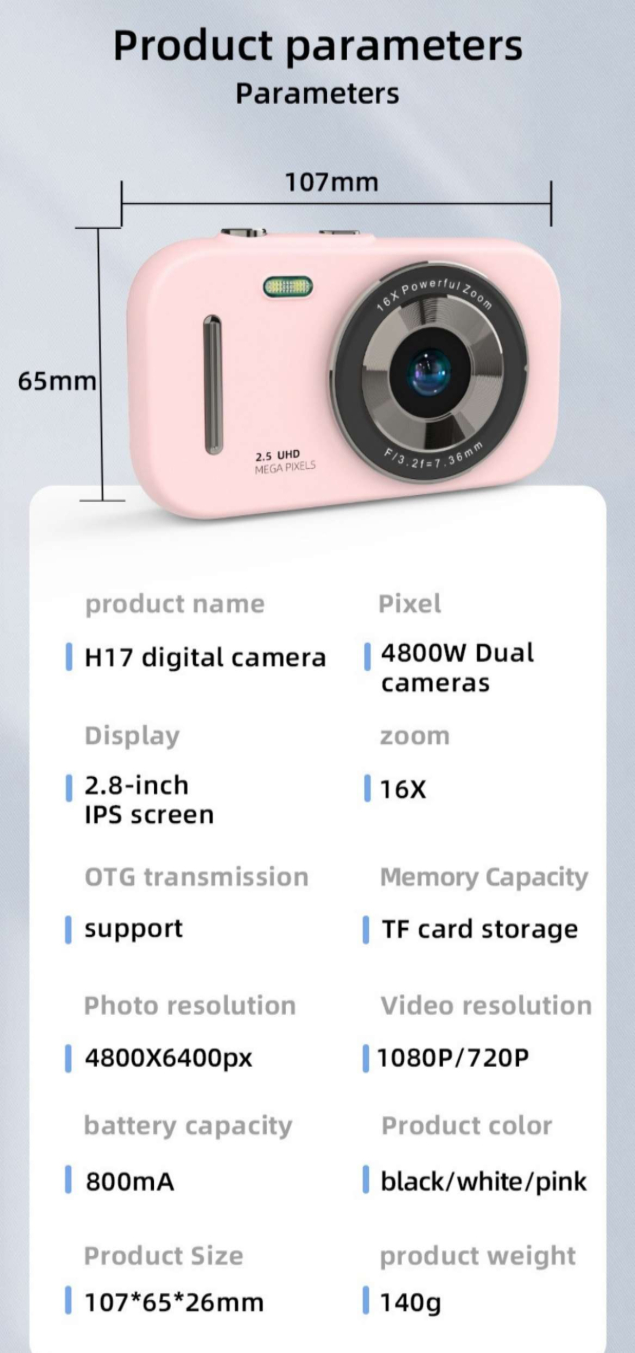 Rosa Digitalkamera, Abmessungen, Display und Produktinformationen zeigend.