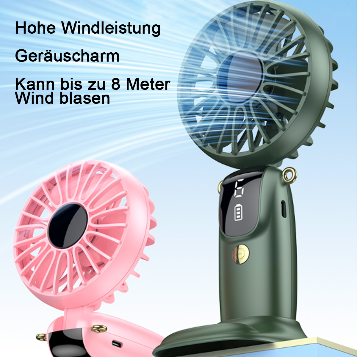 Zwei tragbare Ventilatoren, rosa und grün, die Luft ausblasen. Text: Hohe Windleistung, leise.