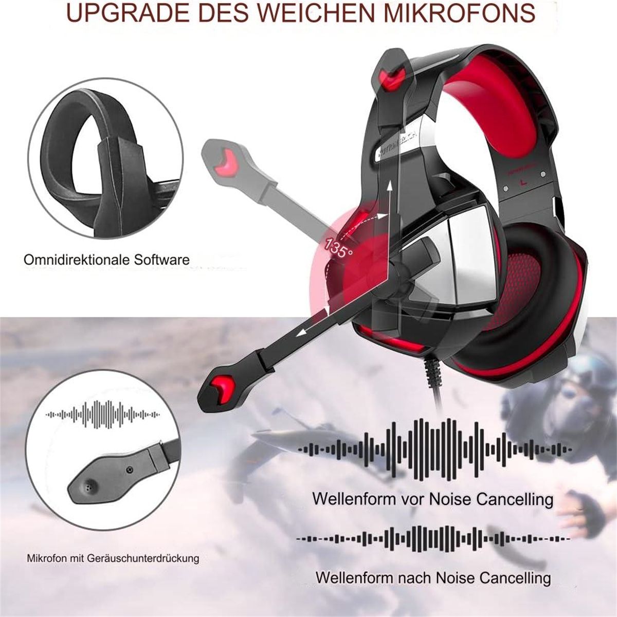 Schwarzes Gaming-Headset mit Mikrofon, das Wellenformen und Informationen zur Rauschunterdrückung zeigt.
