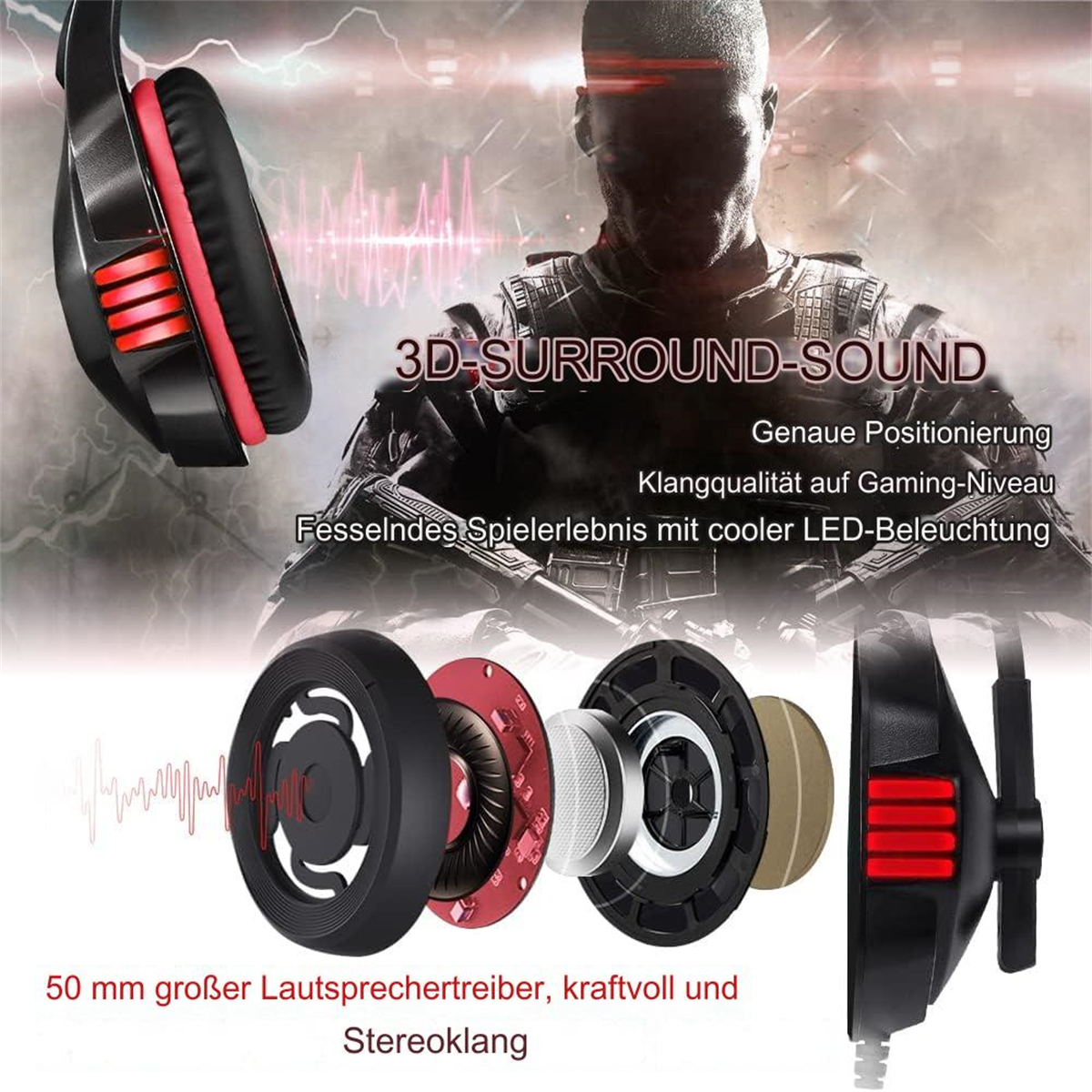 Explosionszeichnung eines Gaming-Headsets. Das Headset ist schwarz und rot mit 3D-Surround-Sound.