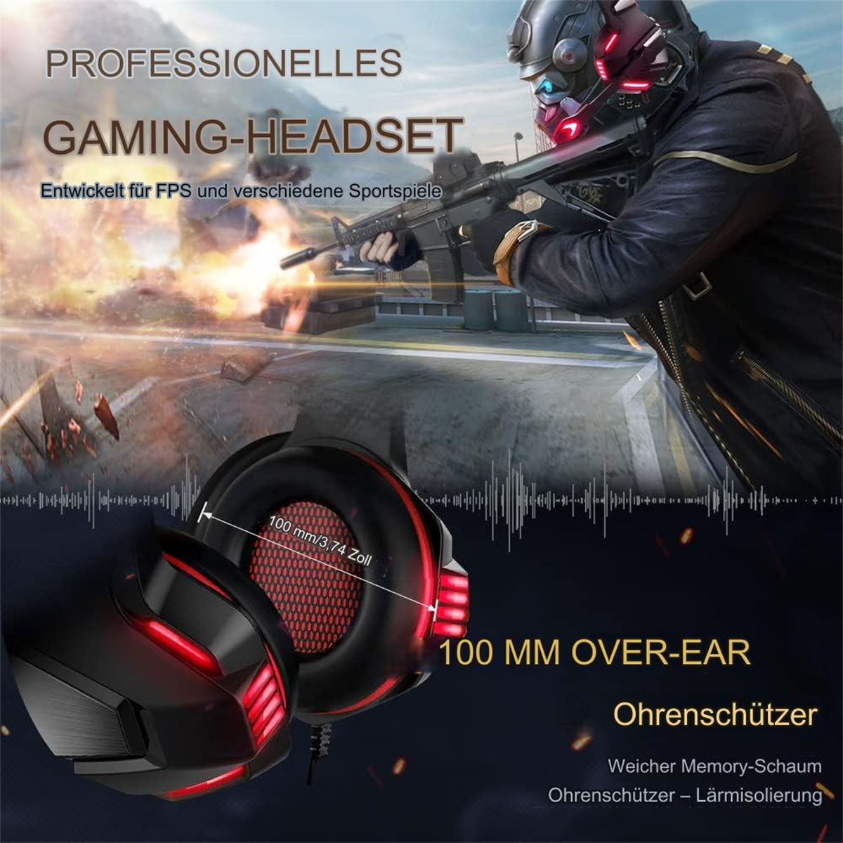 Gaming-Headset mit roten Lichtern, schwarz und rot. Text besagt 100 mm Over-Ear.