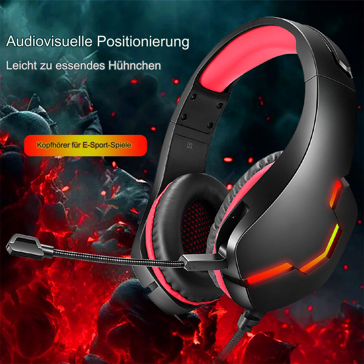 Schwarzes und rotes Gaming-Headset mit Mikrofon, vor feurigem Hintergrund.