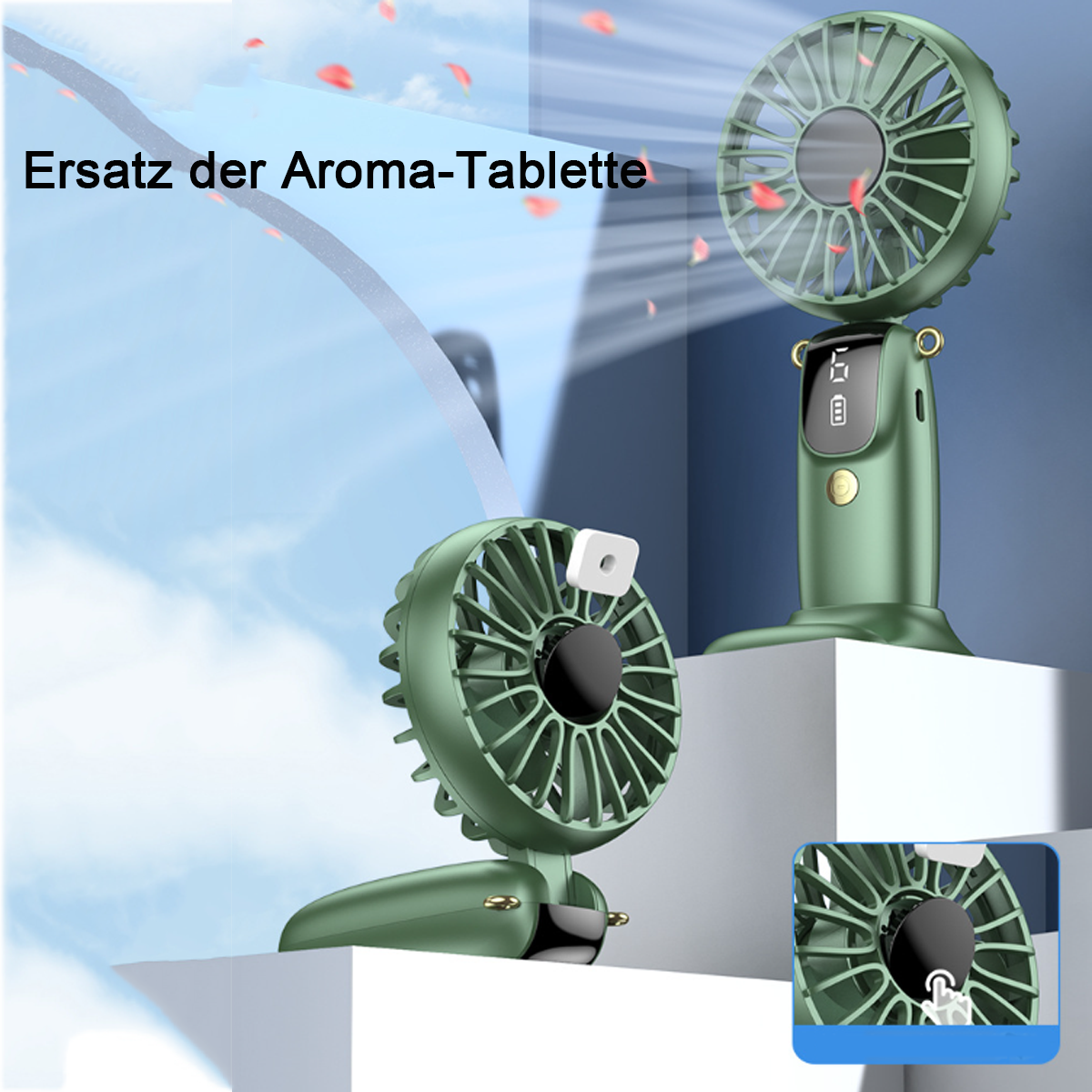 Zwei grüne Ventilatoren, einer stationär, einer in Betrieb, mit blauem Himmel im Hintergrund.