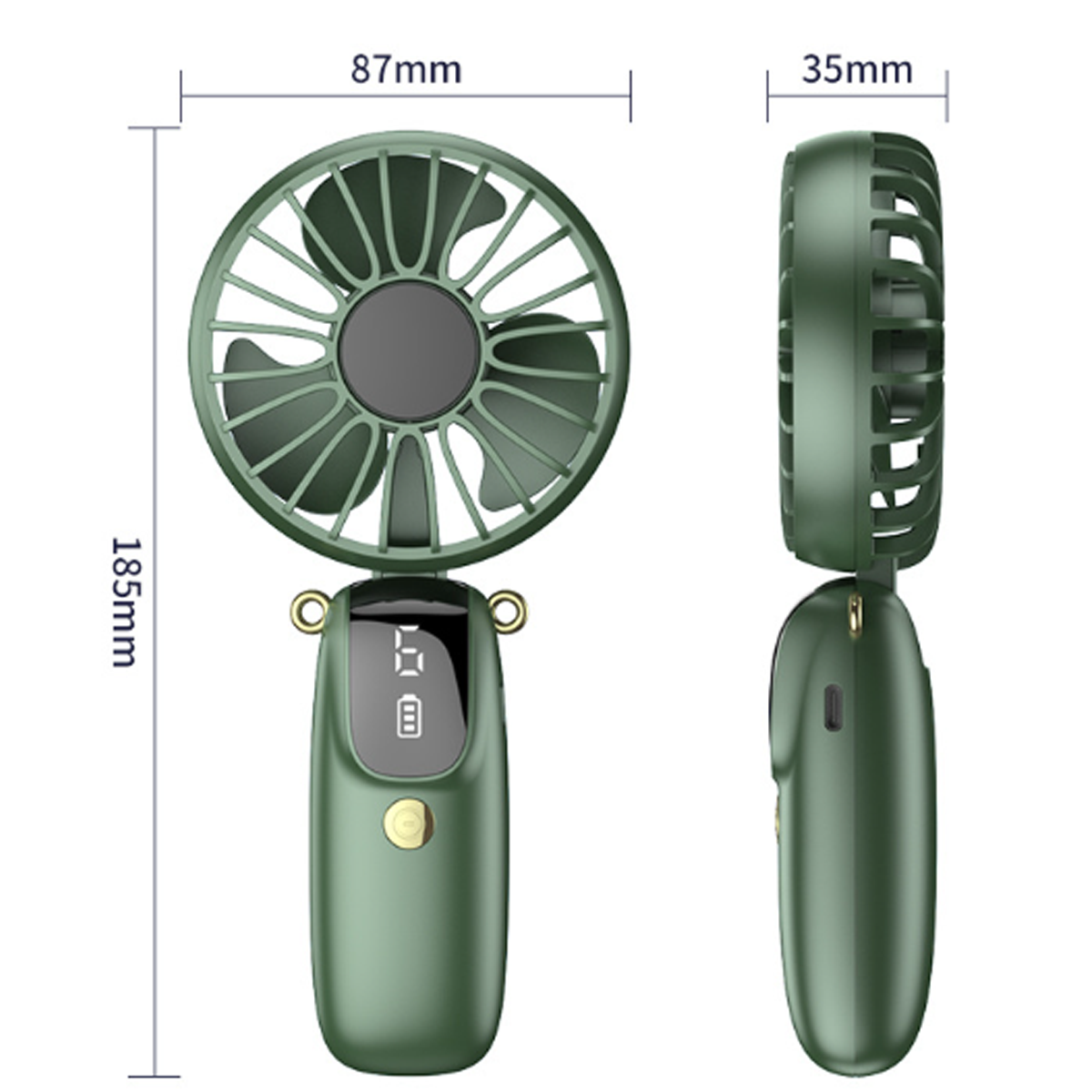 Zwei Ansichten eines grünen Handventilators mit Abmessungen und einem LCD-Bildschirm.