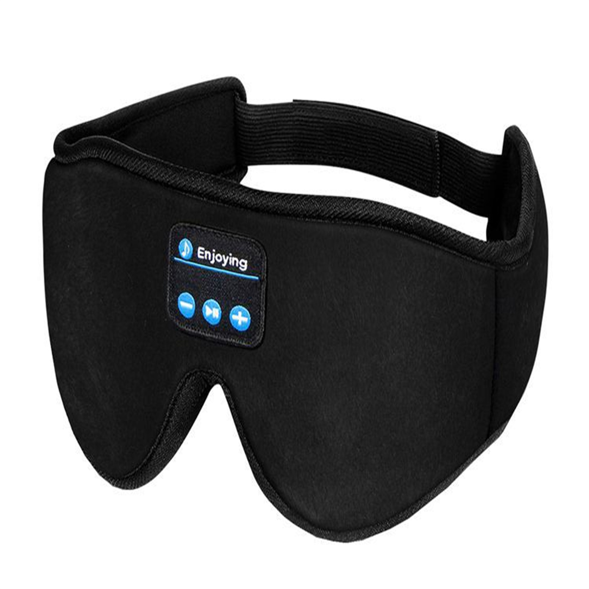 Eine schwarze Schlafmaske mit dem Wort "Enjoying" und Steuertasten.