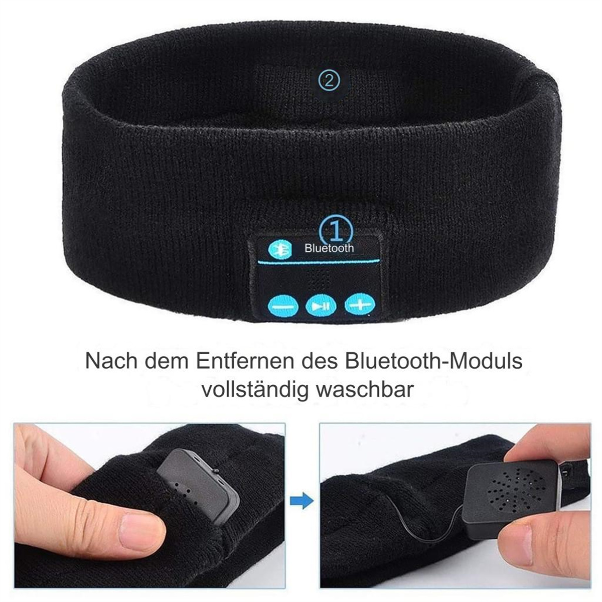 Schwarzes Stirnband mit Bluetooth-Bedienelementen und zwei Detailaufnahmen des Moduls.